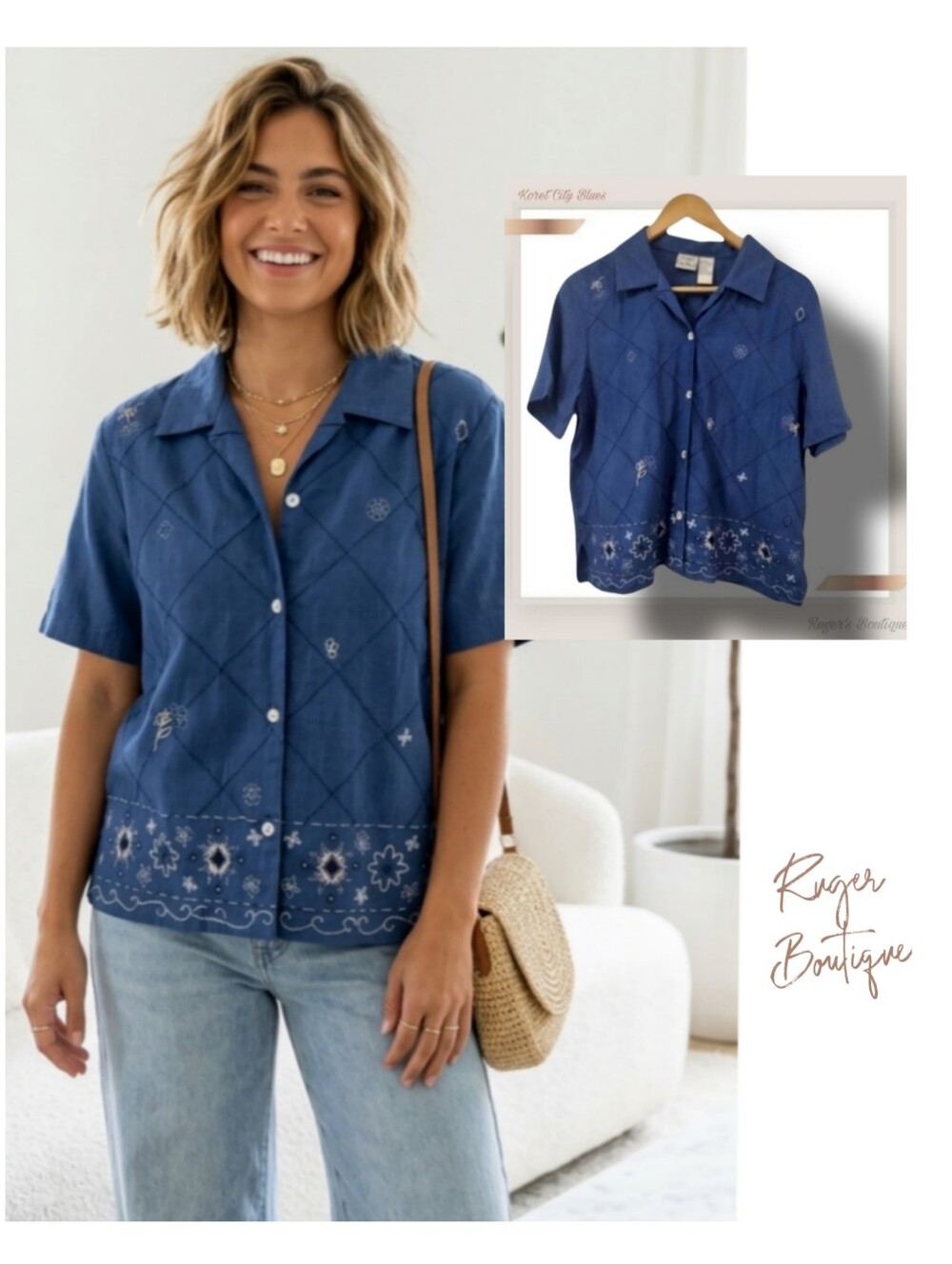 🌿Koret City Blues Women's Denim Embroidered Button up Short Sleeve Top